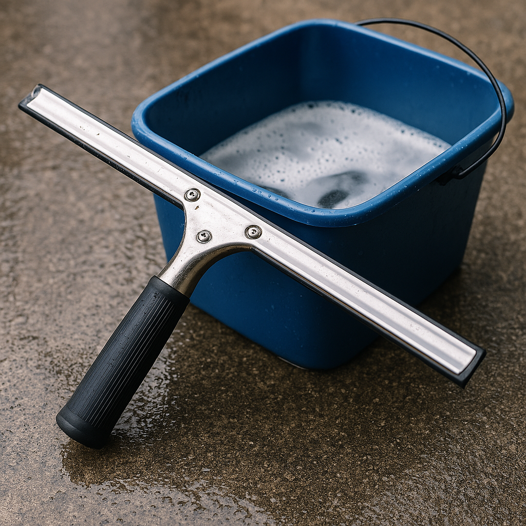 Traditional window cleaning tools - squeegee and bucket representing our humble beginnings